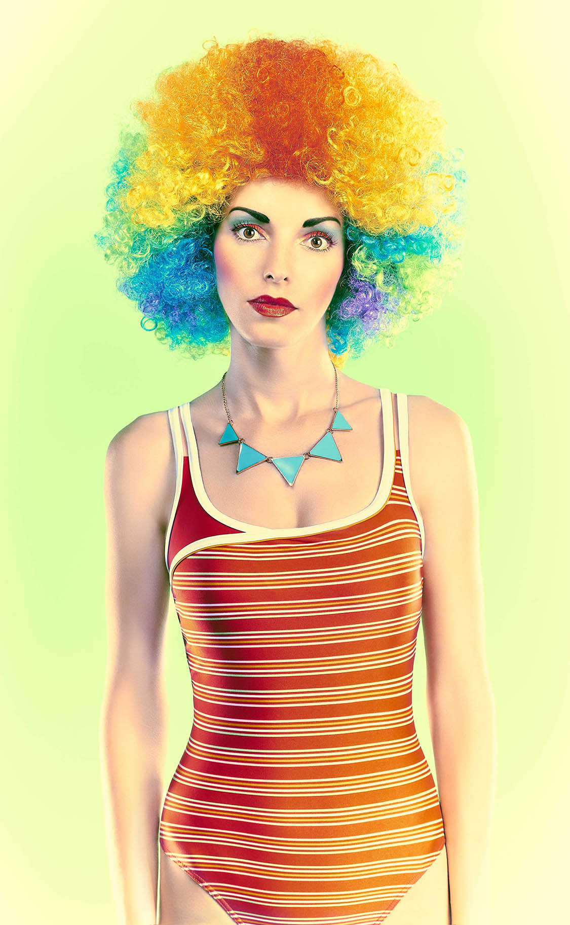 Fashion beauty woman in swimsuit, vivid afro model