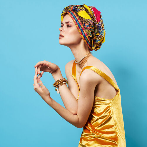 beautiful woman multicolored shawl ethnicity african style decorations isolated background. High quality photo