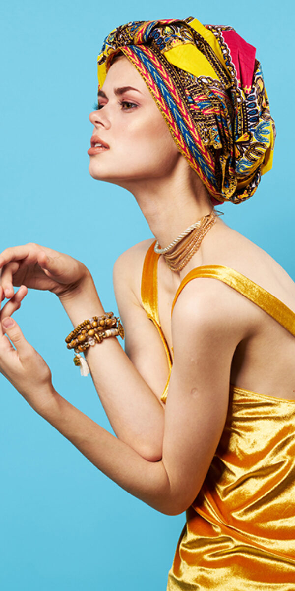 beautiful woman multicolored shawl ethnicity african style decorations isolated background beautiful woman multicolored shawl ethnicity african style decorations isolated background. High quality photo