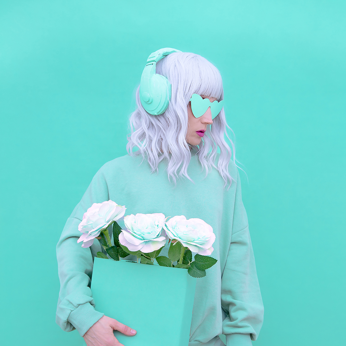 Fashion Dj Girl in Fresh Mint clothing. Minimal aesthetic monochrome design. Aqua menthe color trend