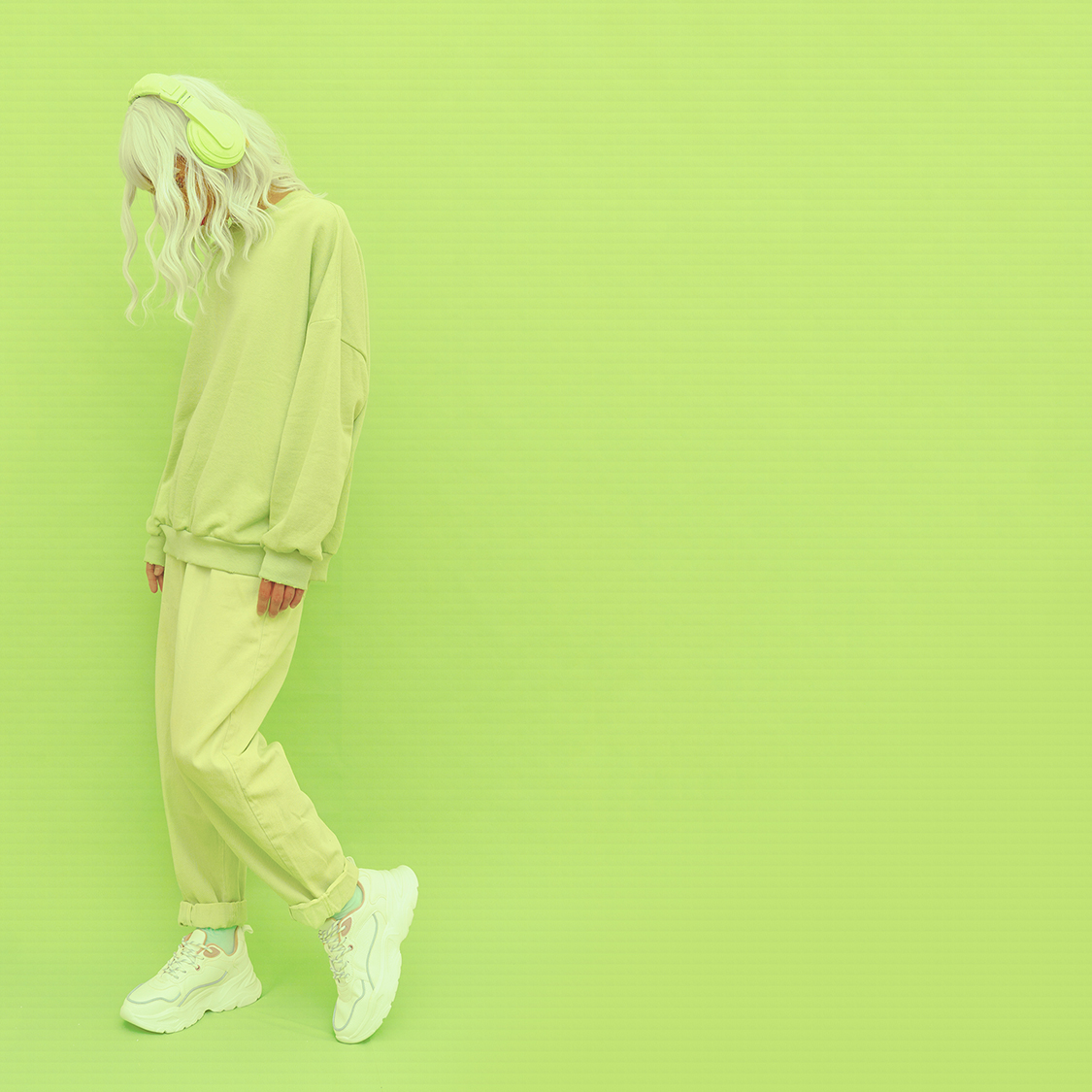 Fashion Dj Girl in Fresh yellow clothing. Minimal aesthetic mono