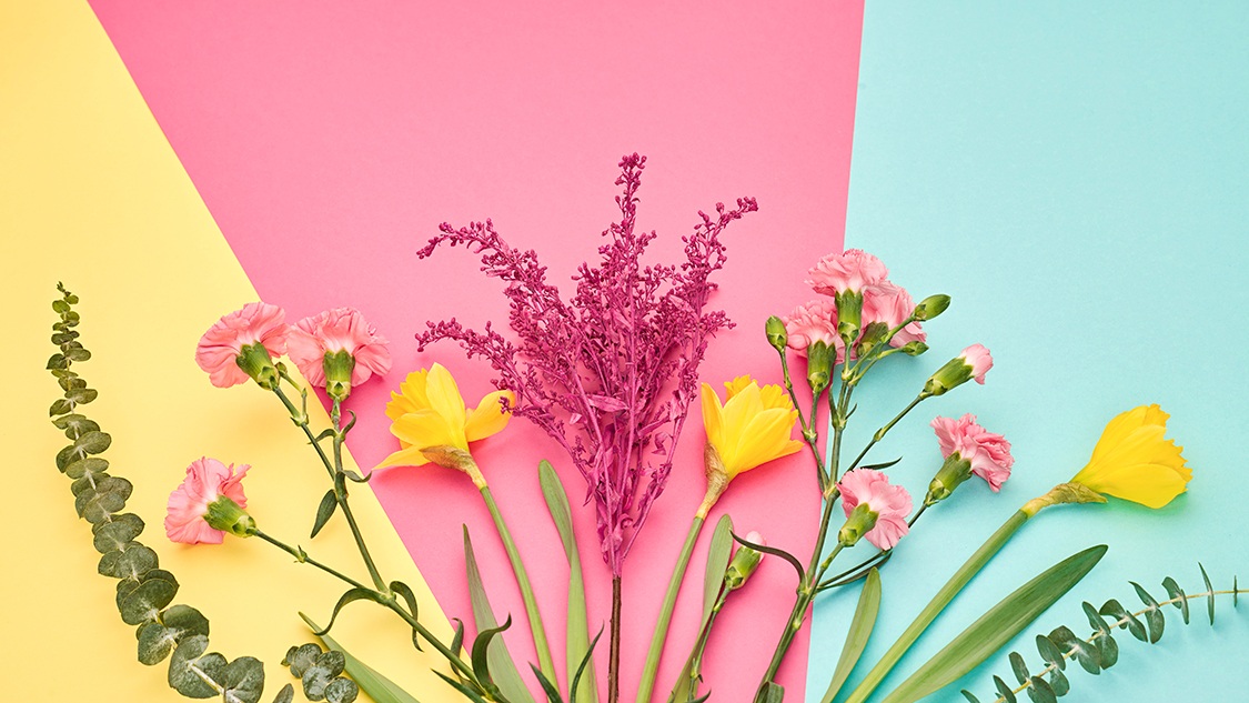 Fashion Spring look. Trendy pastel mixed multicolored flowers. Floral Summer collection falling on r