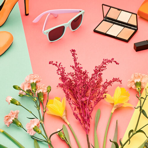 Fashion Summer Glamor Accessories minimal look. Woman stylish clothes collection falling on pastel g Fashion Summer Glamor Accessories minimal look. Woman stylish clothes collection falling on pastel geometry background. Trendy fashionable layout. Fashion advertising, top view.