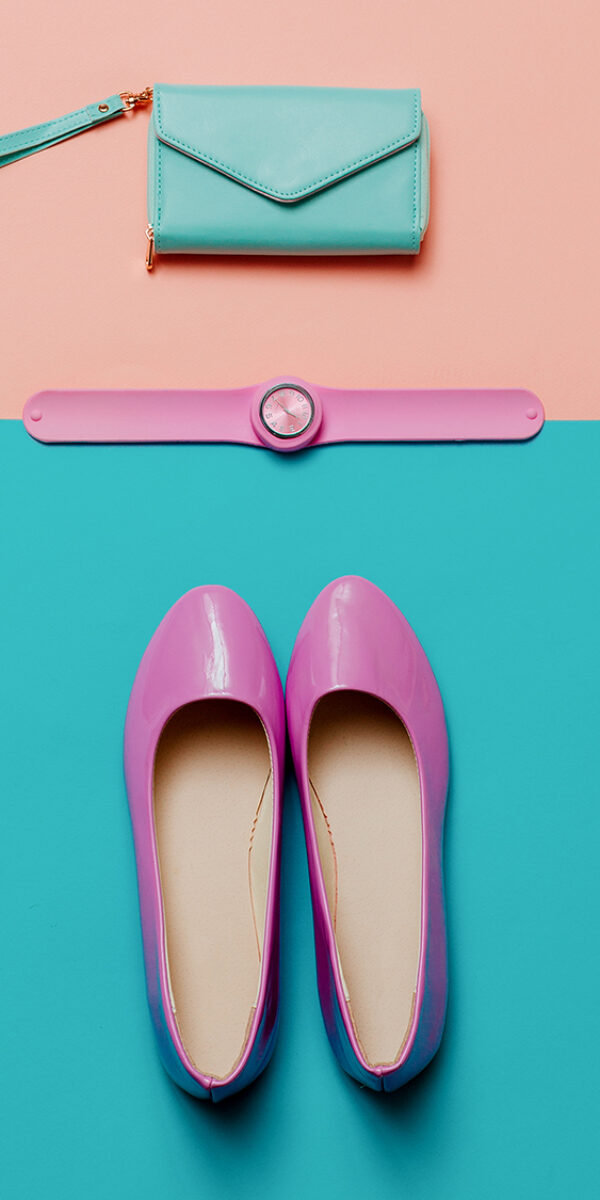 Shoes and accessories. Pink trend. Top view. Be stylish