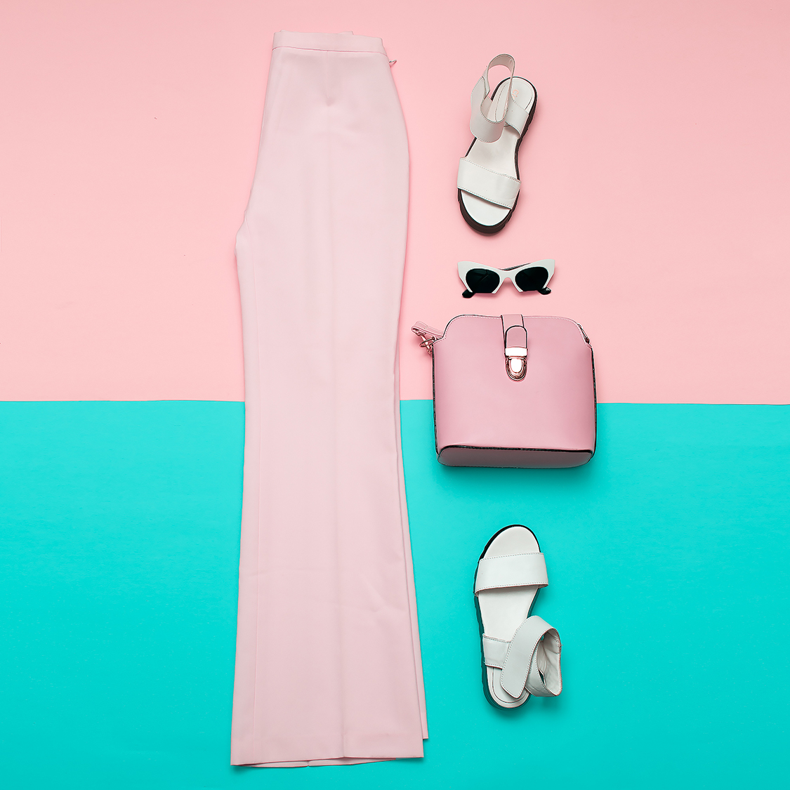 Stylish pink clothing for ladies. Fashion trousers and accessori