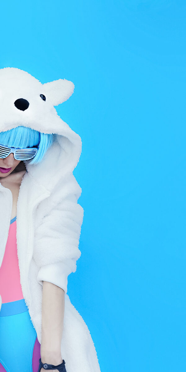 Teddy Bear Girl DJ. Crazy winter party. Club dance style