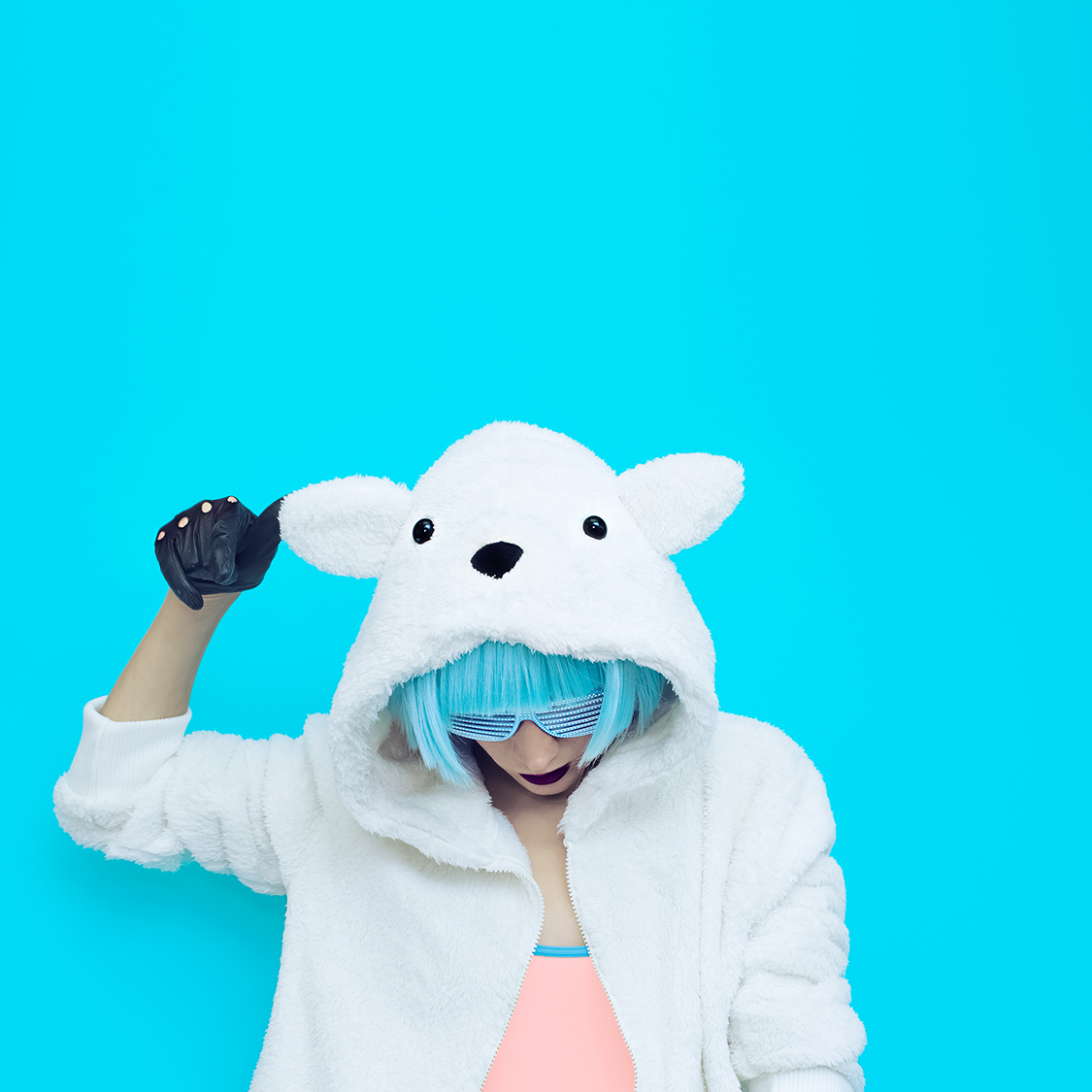 teddy bear girl on a blue background. Crazy winter party. Club d