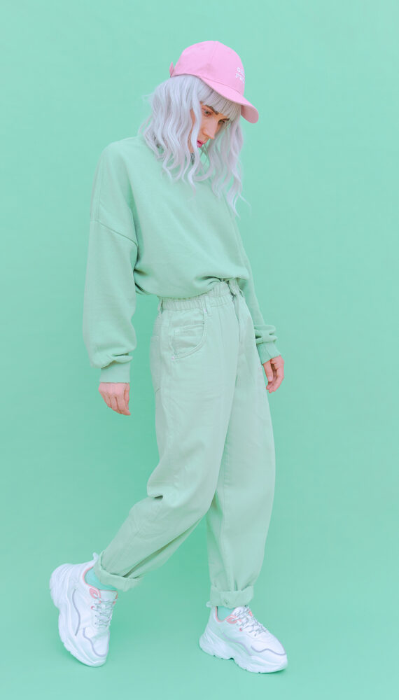 Vanilla Mint urban style. Girl 90s aesthetic. Monochrome color trends. Aqua Menthe