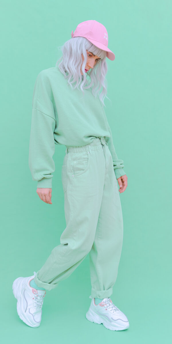 Vanilla Mint urban style. Girl 90s aesthetic. Monochrome color trends. Aqua Menthe