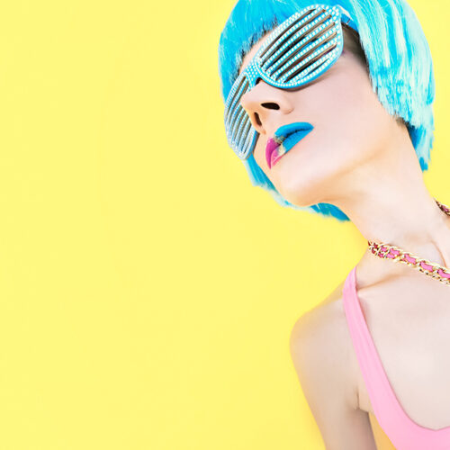 Vanilla party. crazy girl on yellow background