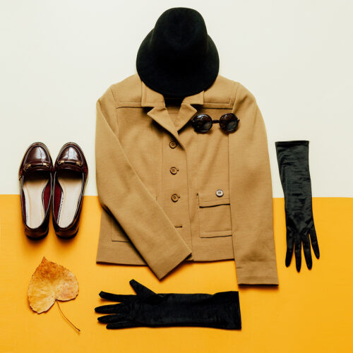 Vintage outfit hat, gloves and eye. Autumn Lady Retro Style